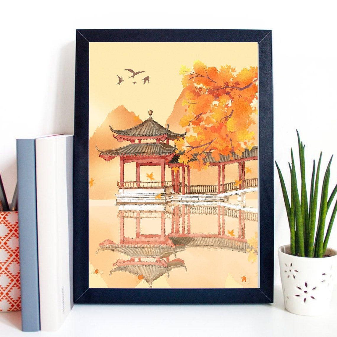 Asian Pagoda Autumn Lake Reflection Temple Japan Travel Poster - Image 2