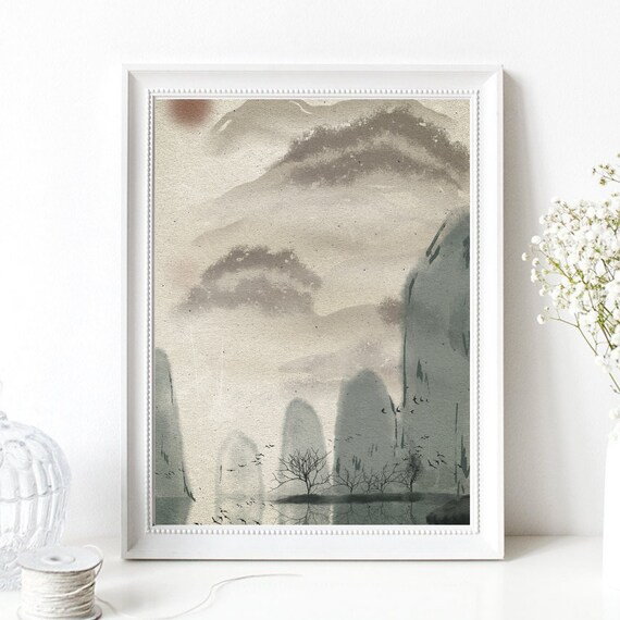 Asian Ink Wash Misty Mountains Lake Trees Zen Landscape Poster
