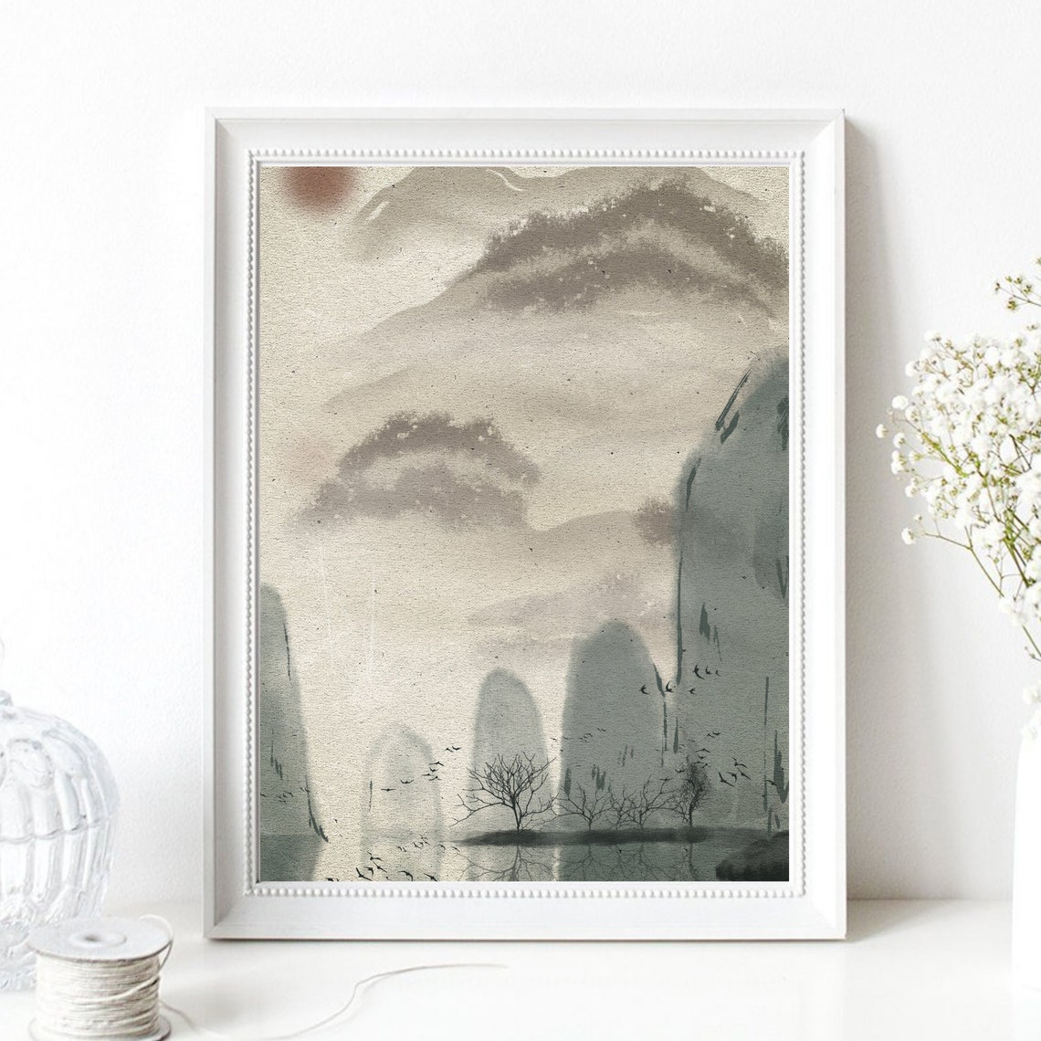 Asian Ink Wash Misty Mountains Lake Trees Zen Landscape Poster