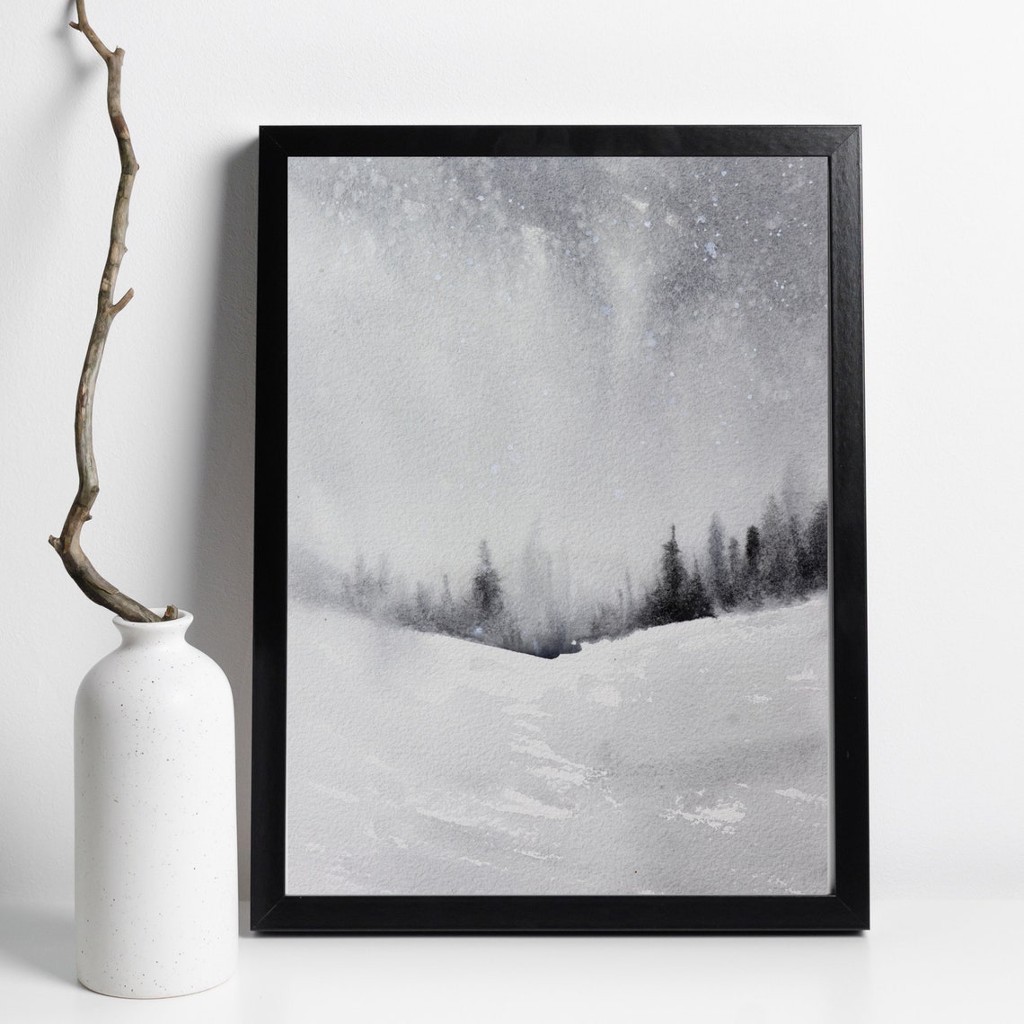 Misty Winter Forest Watercolor Poster Snowy Fir Trees Gray Landscape - Image 2