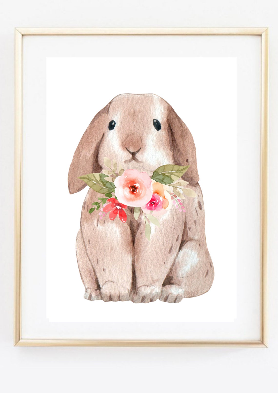 Bunny Rabbit Flowers Watercolor Cute Lop Eared Baby Nursery Wall Art - Image 3