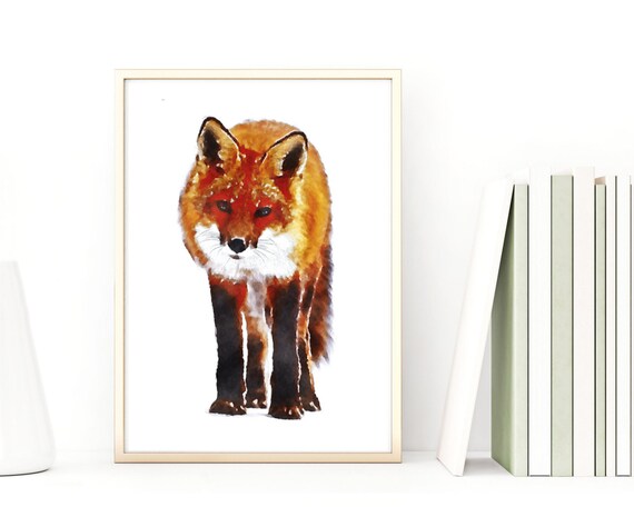 Red Fox Watercolor Portrait Standing Front View Rustic Wildlife Wall Art