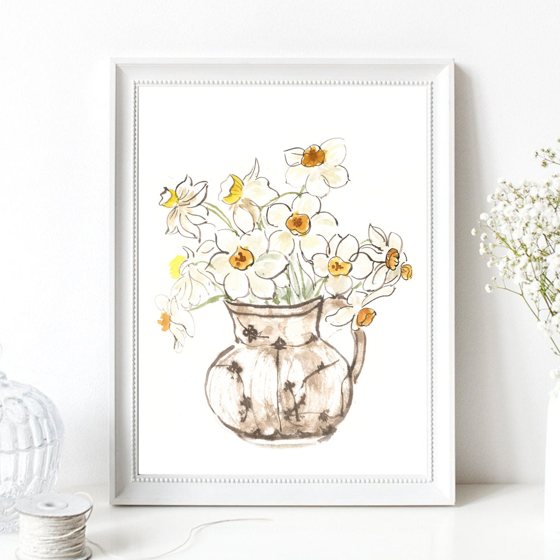 Daffodils in Ceramic Jug Spring Watercolor Floral Botanical Print