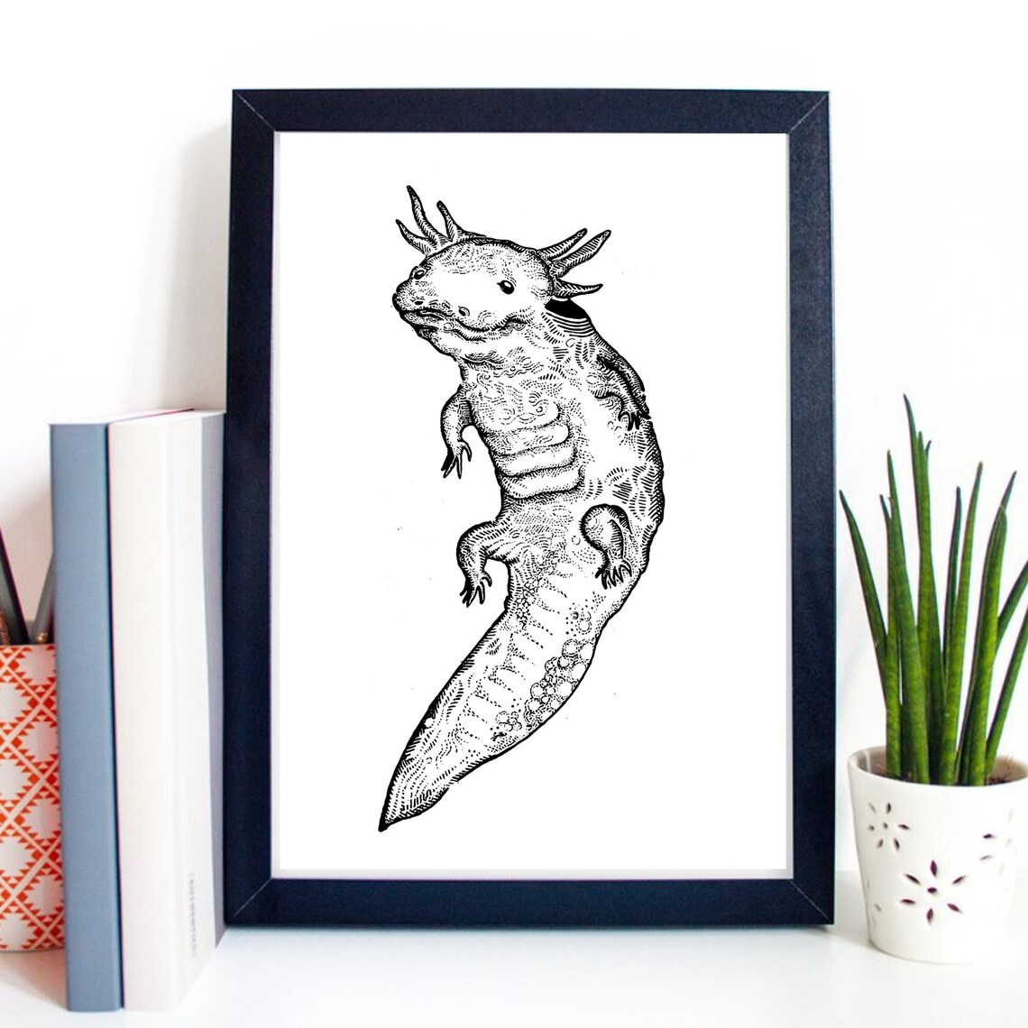 Axolotl Black Ink Drawing Detailed Amphibian Minimalist Art Print - Image 3