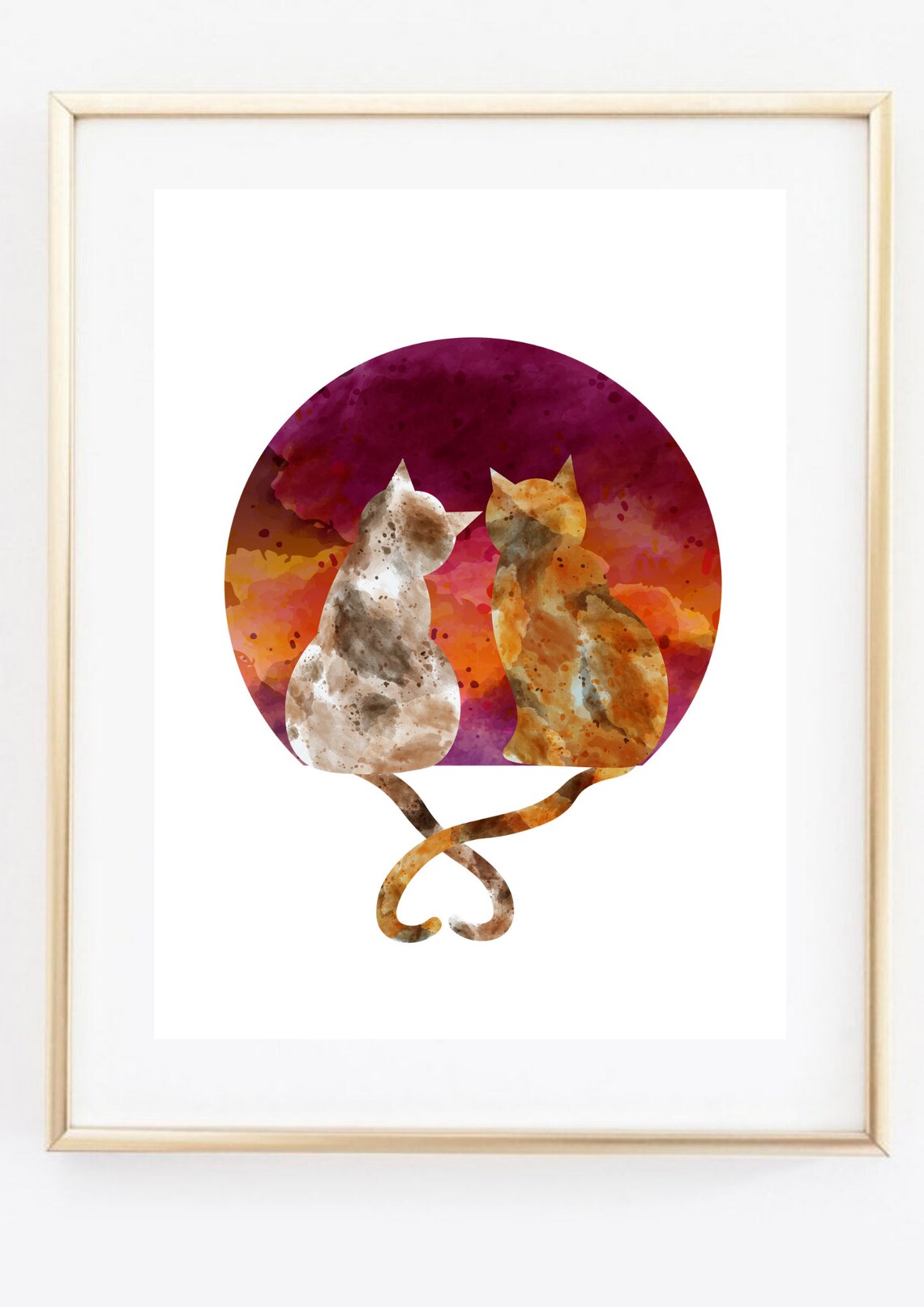Sweet Cat Couple Sunset Circle Watercolor Tails Heart Wall Art - Image 2
