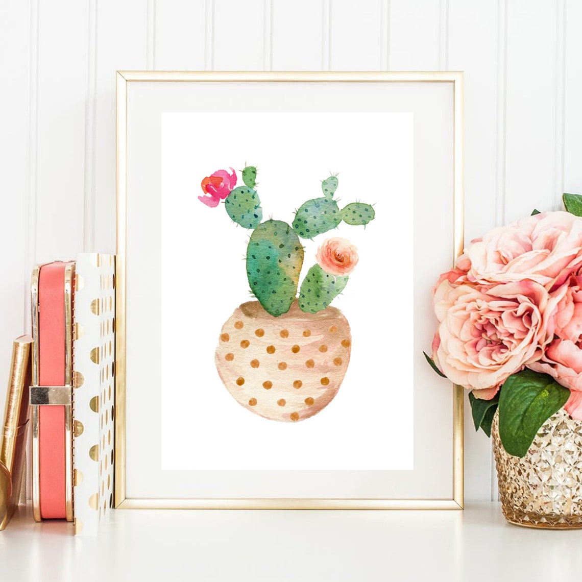 Blooming Prickly Pear Cactus Gold Dotted Pot Watercolor Art Print