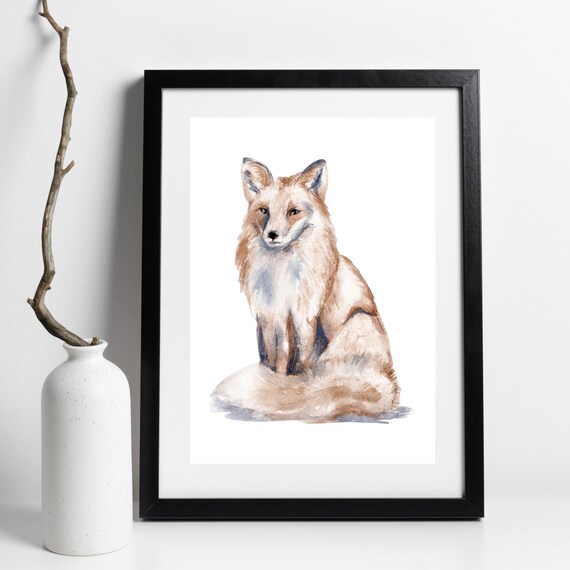 Red Fox Watercolor Sitting Forest Animal Portrait Nature Poster