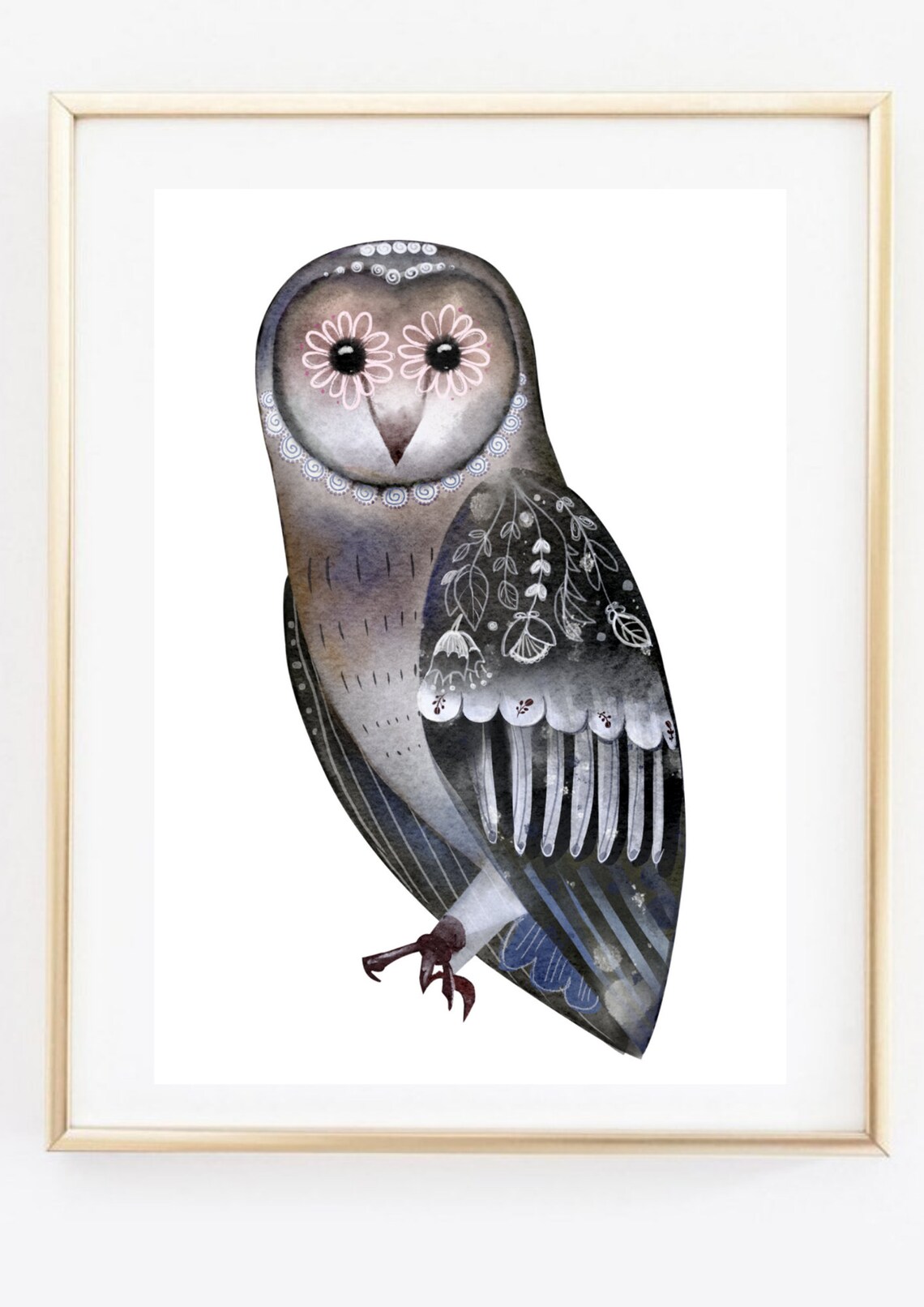 Ornate Watercolor Barn Owl with Floral Feather Detail Art Print Poster - Image 2