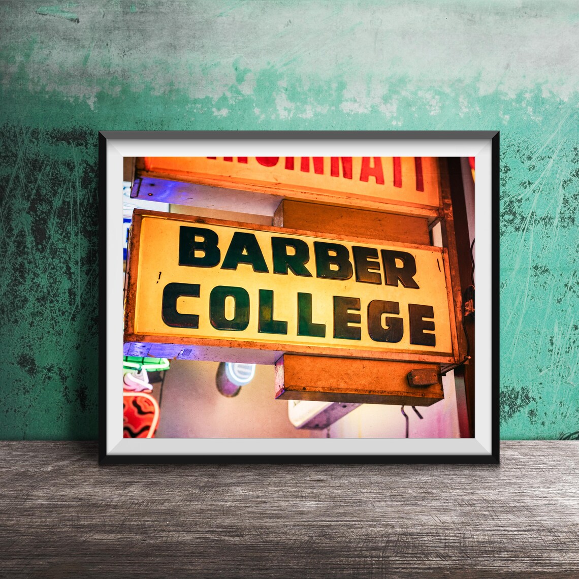 Vintage Barber College Yellow Lit Storefront Sign Photography Poster