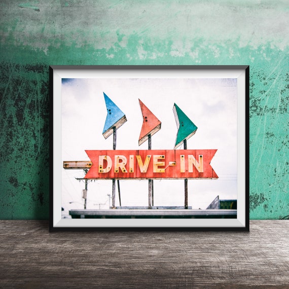 Drive In Vintage Neon Sign, Mid-Century Art Print