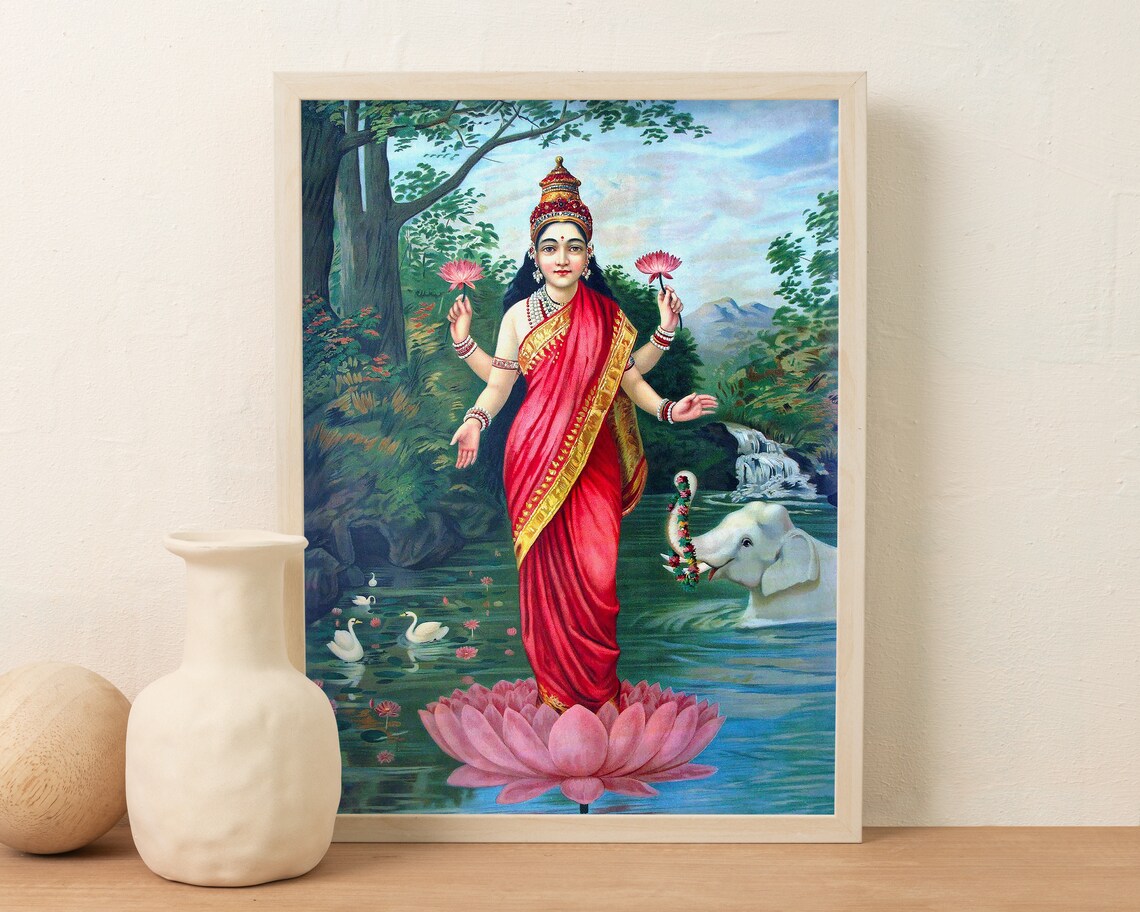 Goddess Lakshmi on Lotus Vintage Indian Gaja Lakshmi Art Print - Image 3