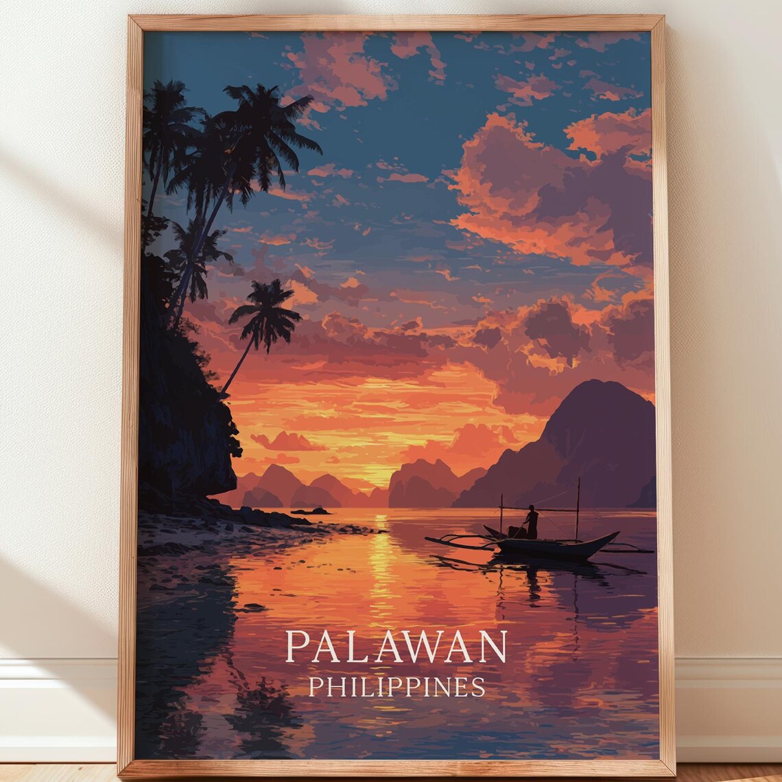 Palawan Philippines Sunset Fisherman Boat Travel Decor Poster