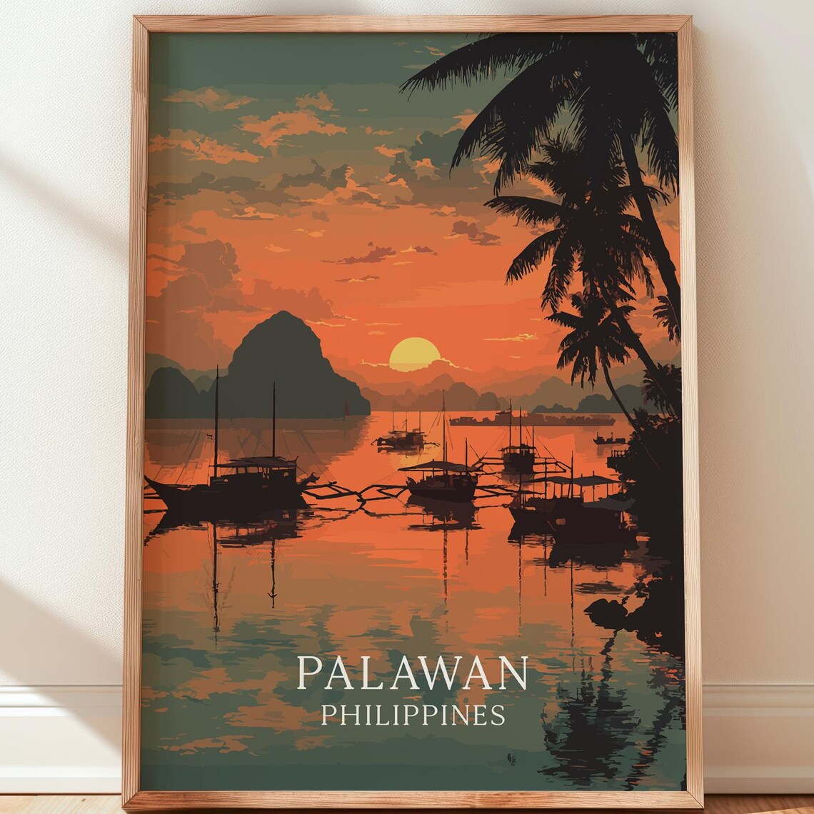 Palawan Philippines Sunset Harbor Silhouette Boats Travel Poster
