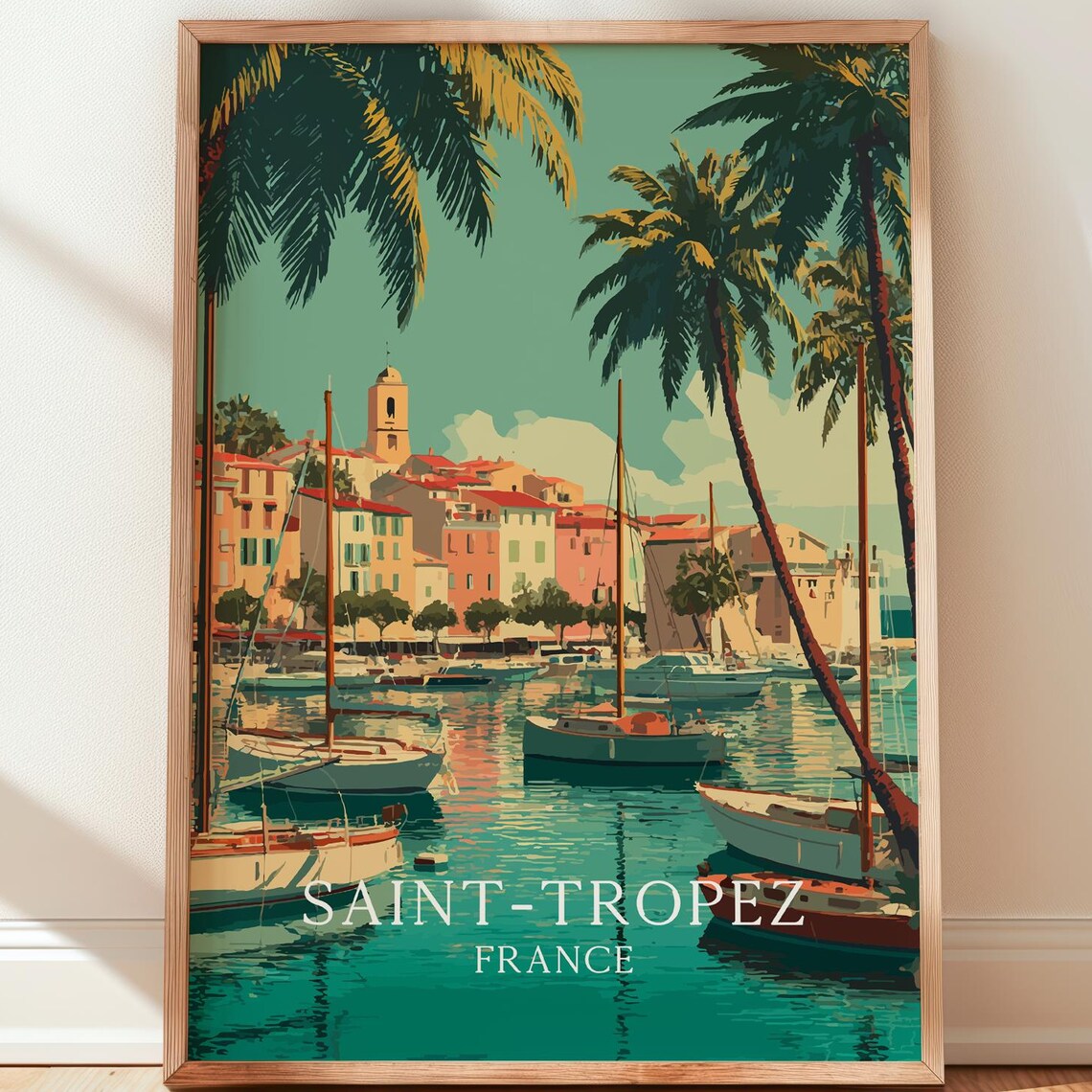 Saint-Tropez France Harbor Sailboats Palm Trees Vintage Travel Poster