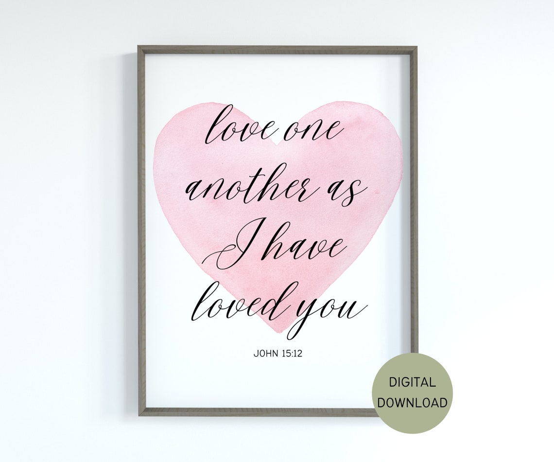 Love One Another Bible Verse Pink Heart John 15 12 Scripture Wall Art