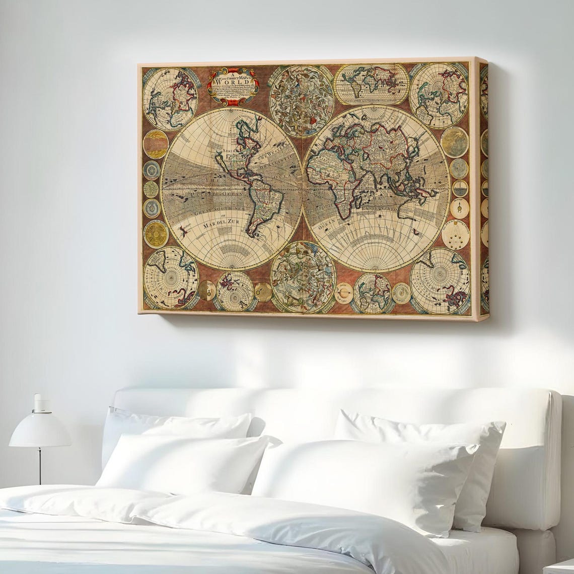 Vintage World Map Double Hemisphere Antique Style Cartography Poster