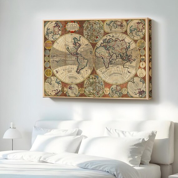 Vintage Retro World Map Painting Framed Canvas Wall Art Housewarming Gifts Room Decor Modern