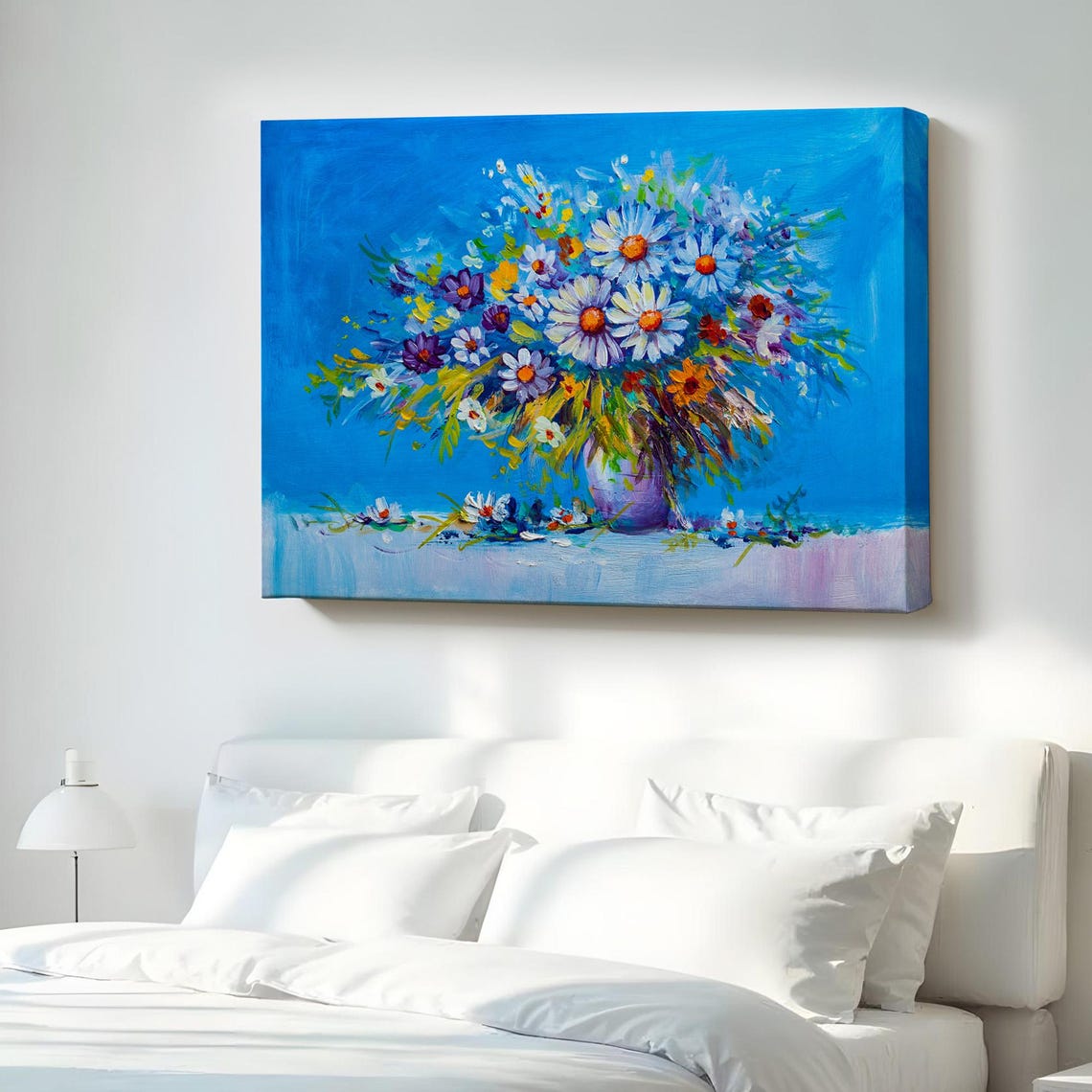 Blue Background Wildflower Bouquet Oil Painting Canvas Print