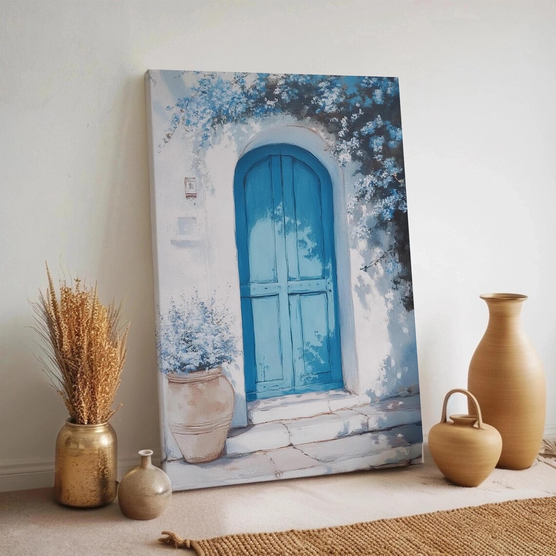 Mediterranean Blue Door White Wall Floral Terracotta Greek Style Poster