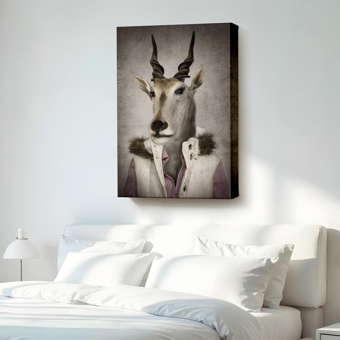 Gazelle Portrait in Fur Vest Surreal Whimsical Animal Canvas Art Poster