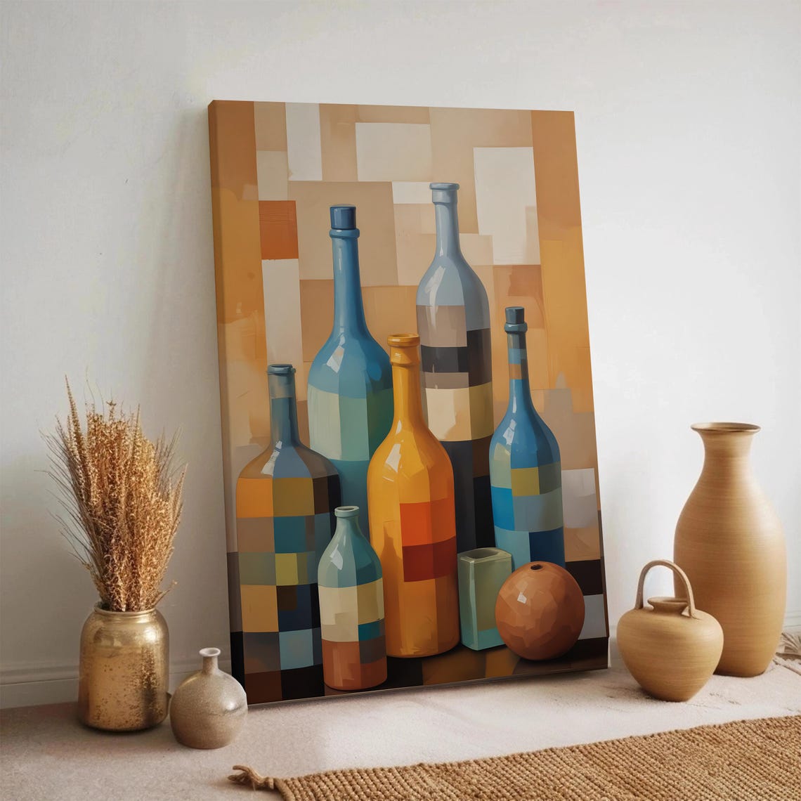 Geometric Bottles Modern Still Life Blue Orange Canvas Poster