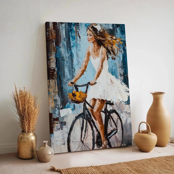 Young Woman Riding Bicycle White Dress Impressionist Art Poster