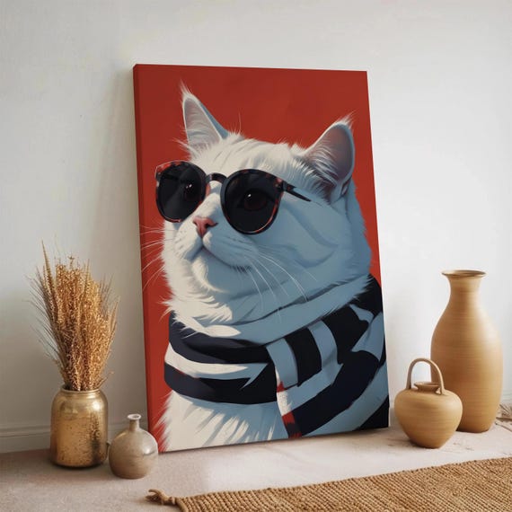 Cool Cat Canvas Wall Art Funny White With Glasses Print Modern Pet Portrait Poster Quirky Framed Animal Artwork For Lovers