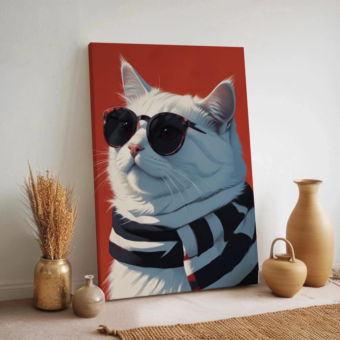 Cool White Cat with Sunglasses and Striped Scarf on Red Poster