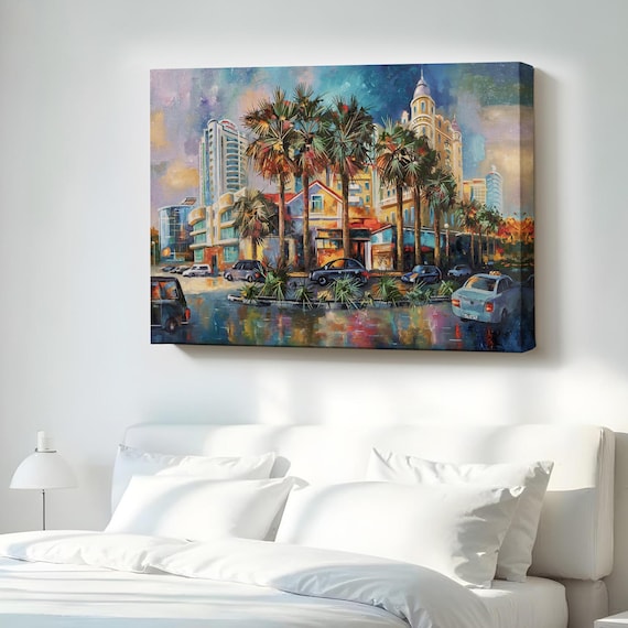 Tropical City Street At Night Palms Wet Reflections Oil Painting Poster