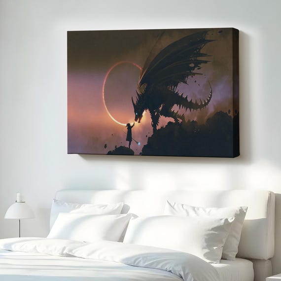 Wizard Scene With A Hand Reaching For Dragon Decorative Art Surreal Modern Wall Decor Large Housewarming Gift