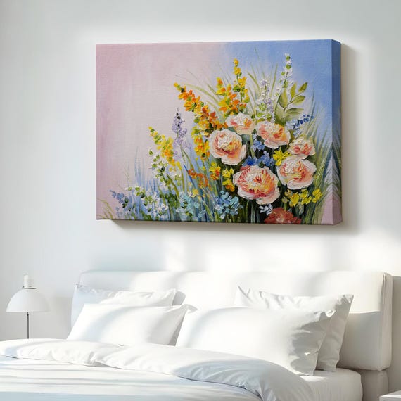 Abstract Summer Flowers Oil Painting Look Decorative Canvas Wall Art Framed Flower Large