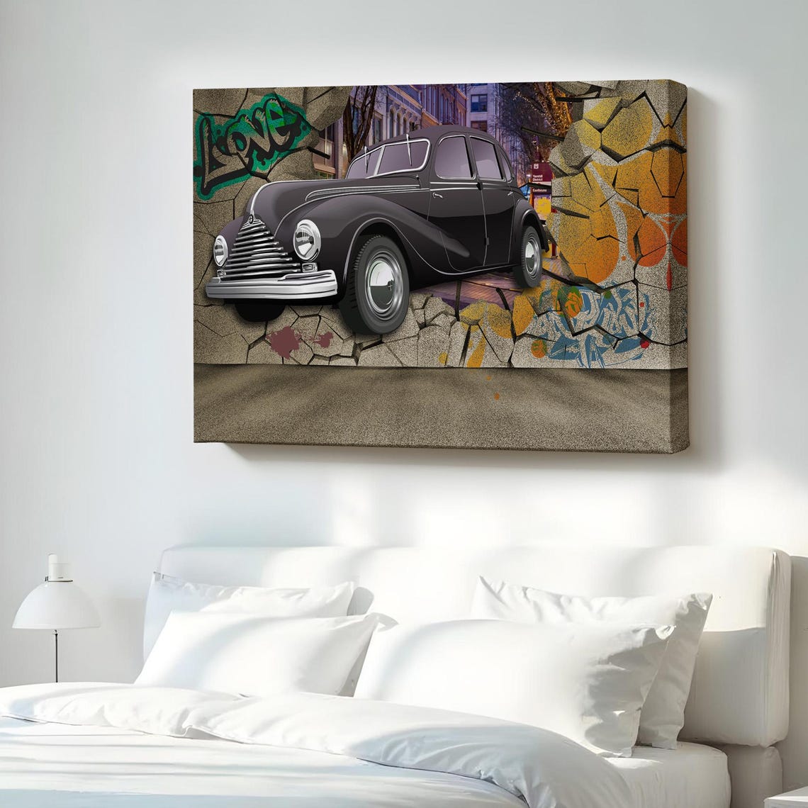 Black Classic Car Breaking Through Graffiti Wall Street Art Poster