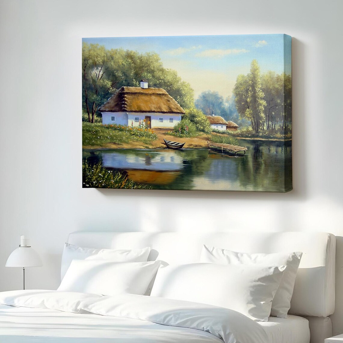 Thatched Cottage by a Calm Lake With Rowboat Peaceful Countryside Poster