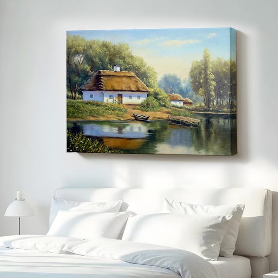 Lake View Village House Oil Painting Look Decorative Canvas Wall Art Nature Decor