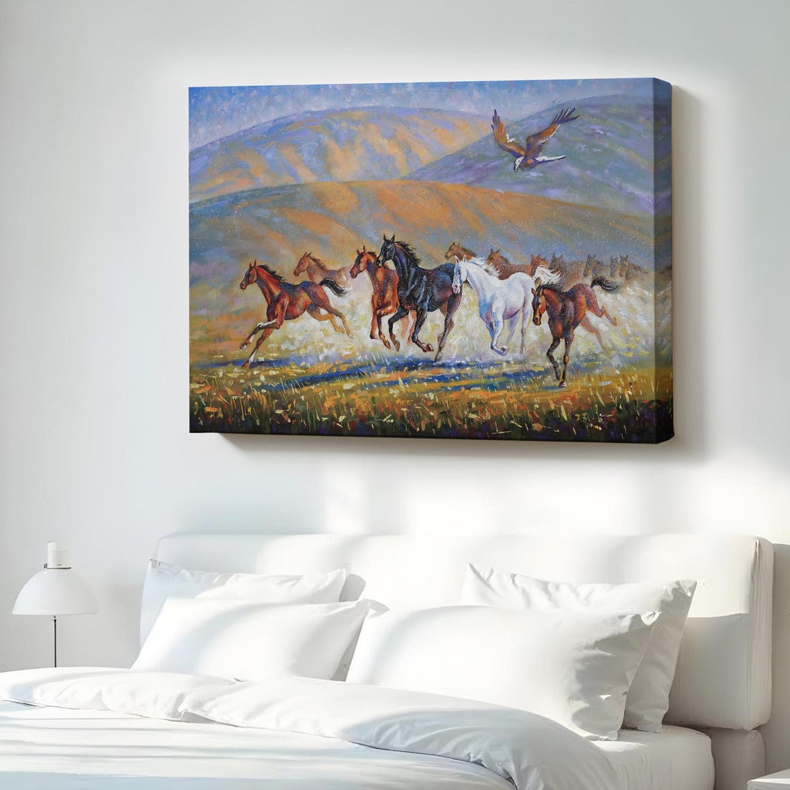 Galloping Horses With Eagle Prairie Sunset Oil Painting Style Poster