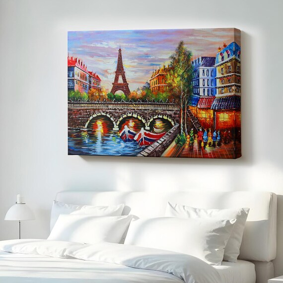 Eiffel Tower Paris at Sunset River Bridge Colorful Oil Painting Poster