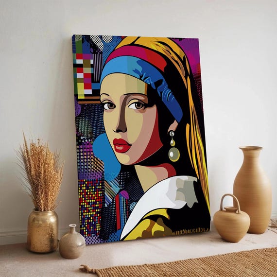 Pop Art Girl With Pearl Earring Canvas Wall Colorful Modern Artwork Bold Graphic Female Portrait Framed Abstract Classic Painting