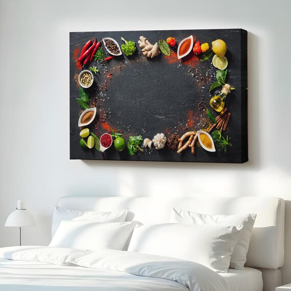Kitchen Spices Border Dark Canvas Chili Lemon Cinnamon Herbs Wall Art