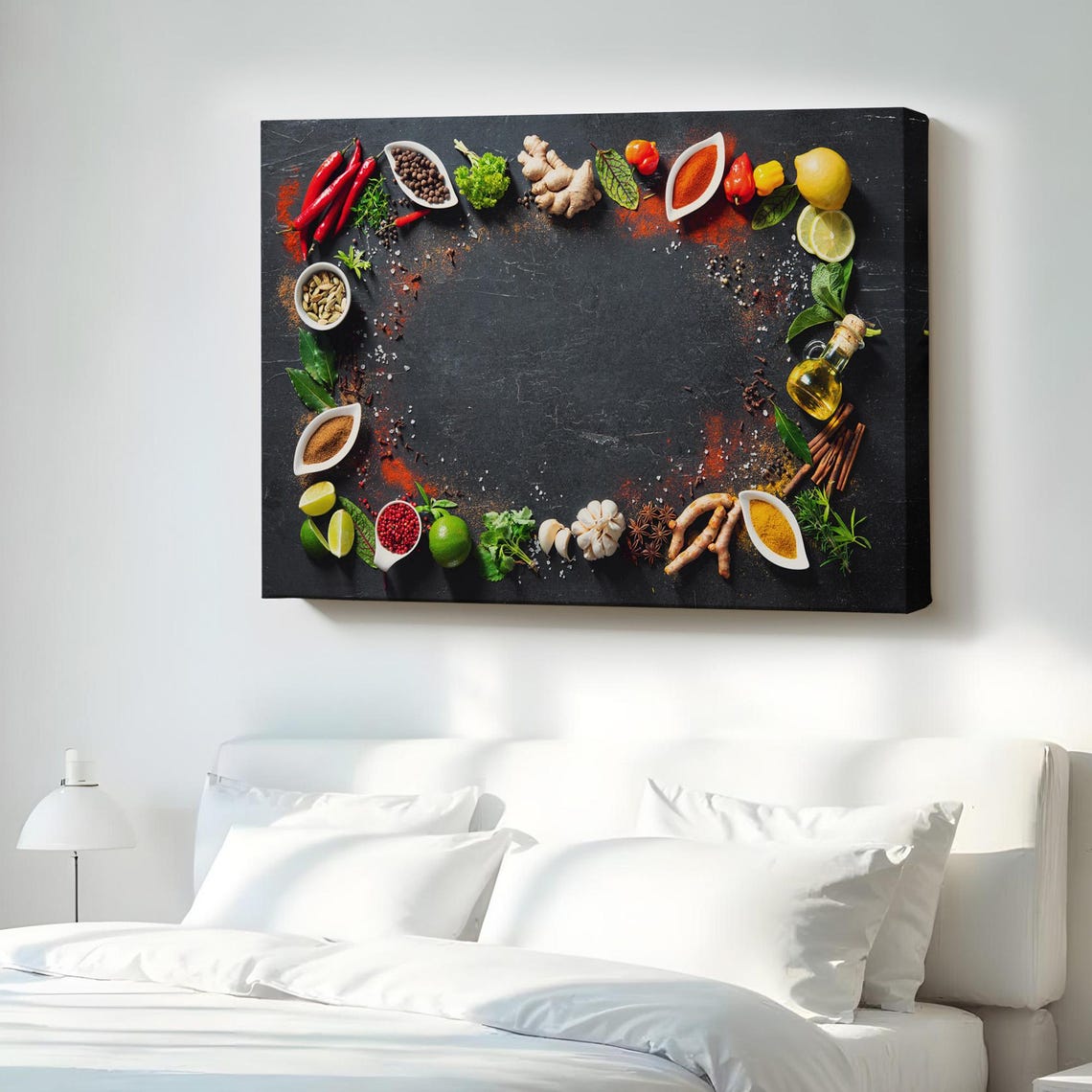 Kitchen Spices Border Dark Canvas Chili Lemon Cinnamon Herbs Wall Art