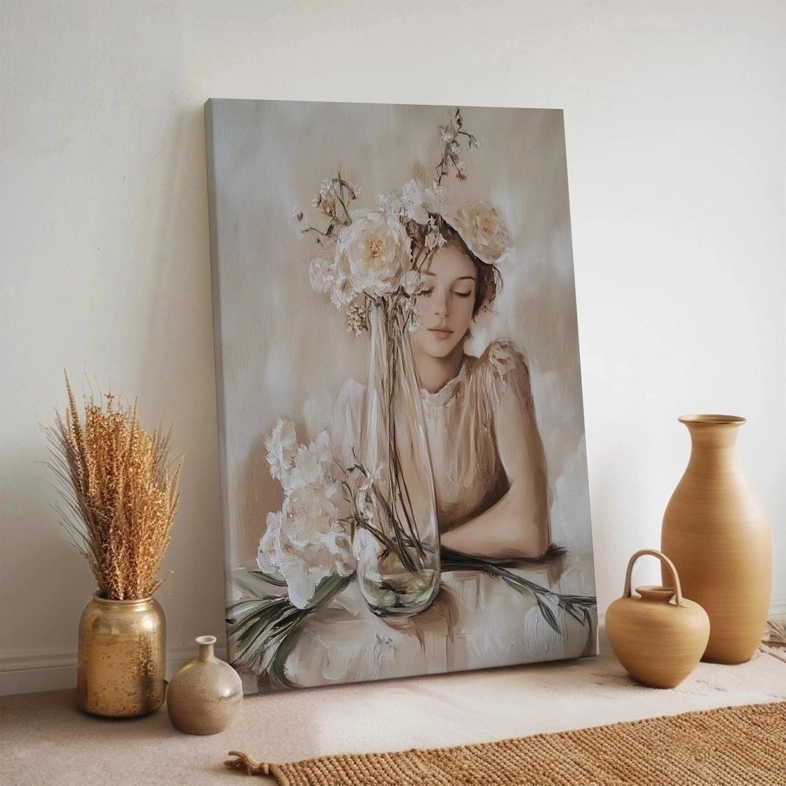 Soft Romantic Woman Portrait With White Flowers Poster Beige Art Decor