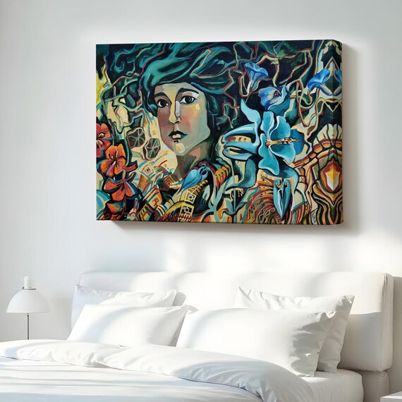 Woman Among Flowers Colorful Portrait Art Nouveau Floral Canvas Poster