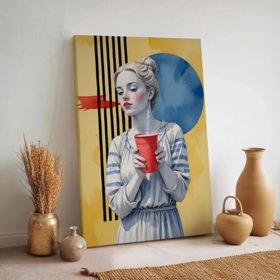 Pop Art Woman Red Cup Yellow Background Bold Portrait Poster