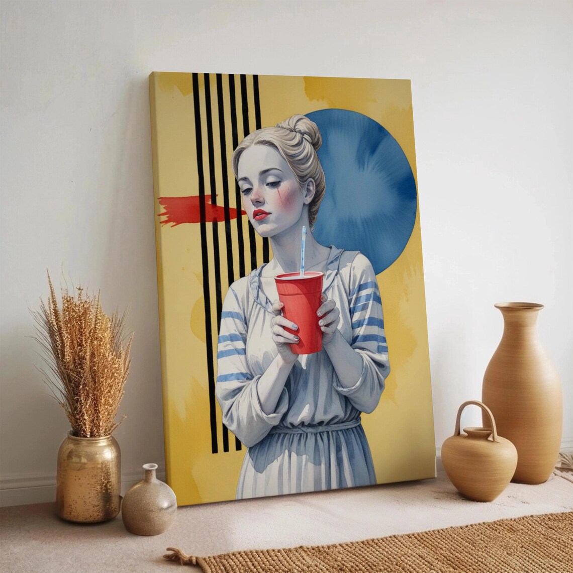 Pop Art Woman Red Cup Yellow Background Bold Portrait Poster
