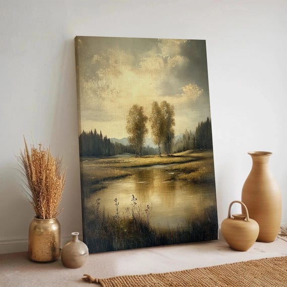 Golden Landscape Canvas Wall Art Tranquil Trees And Lake Painting Rustic Nature Print Soft Neutral Toned Framed Pastoral Decor