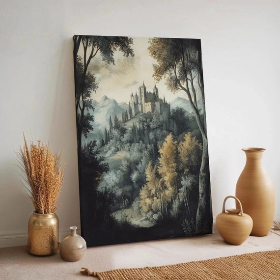 Castle In Forest Canvas Wall Art Fairytale Mountain Landscape Mystical Nature Scene Neutral Fantasy Decor Framed Dark Storybook Artwork