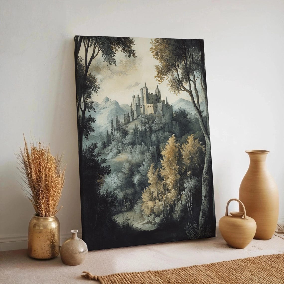 Misty Forest Castle Hilltop Watercolor Landscape Painting Poster