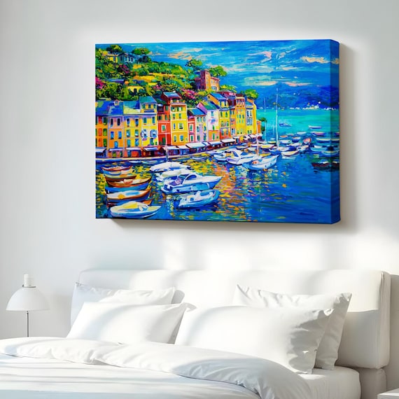 Colorful Mediterranean Harbor Boats Impasto Oil Painting Poster