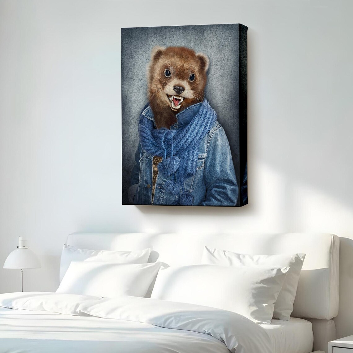 Fox in Denim Jacket and Knit Scarf Whimsical Animal Portrait Canvas Poster