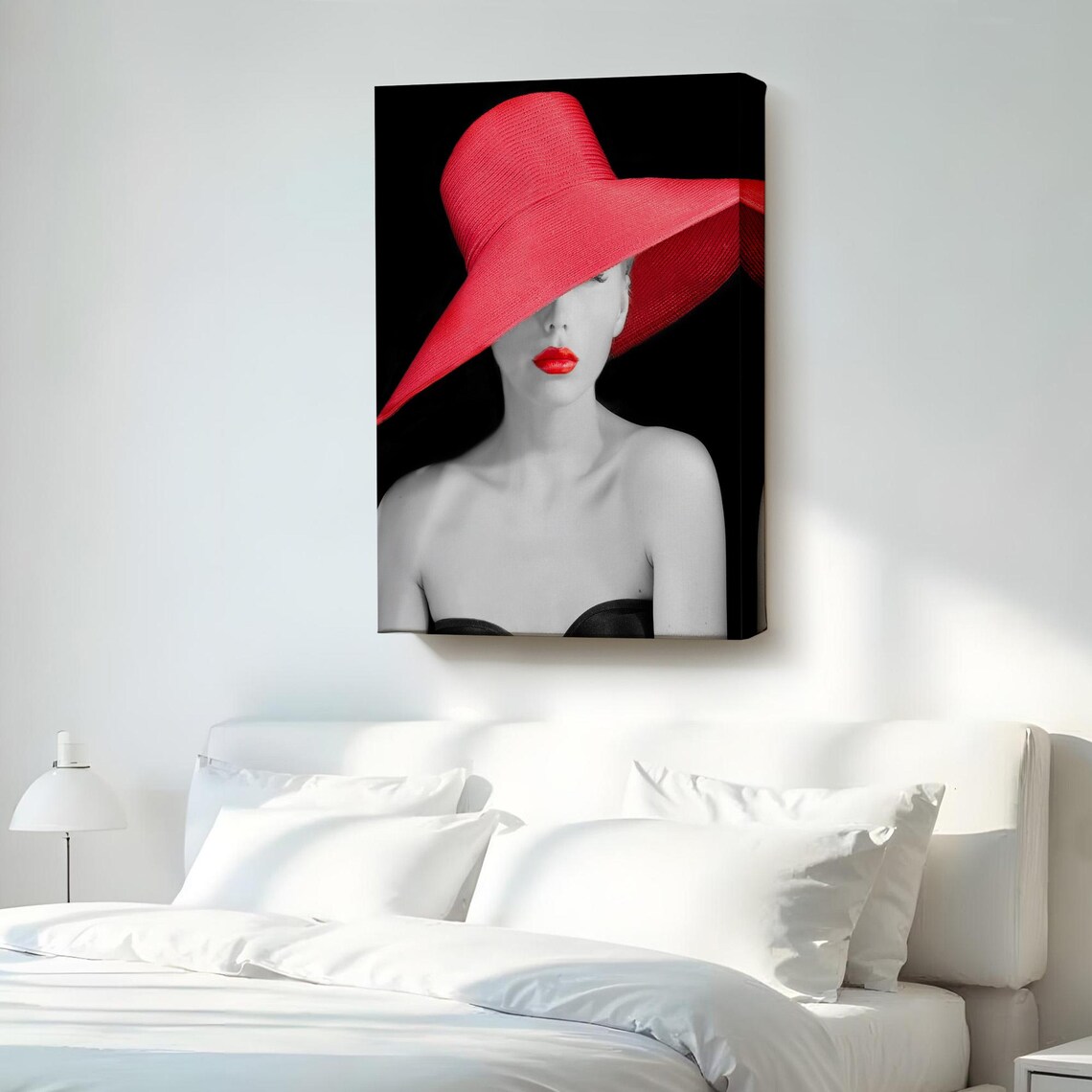 Elegant Woman In Red Hat Black And White Fashion Glamour Poster