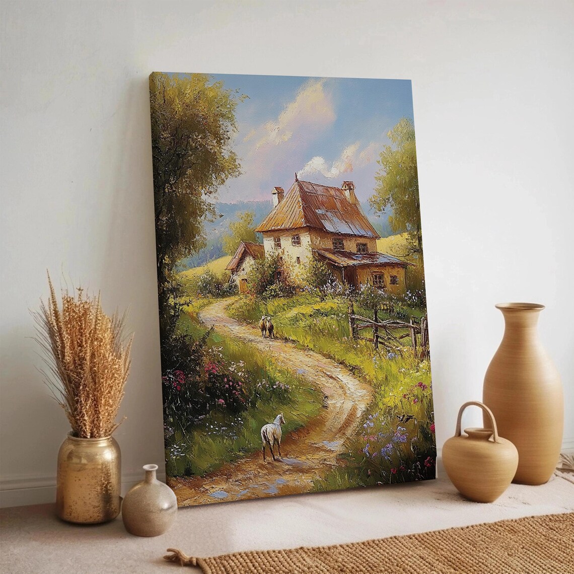 Country Cottage on Winding Dirt Road Horse Oil Painting Style Wall Poster